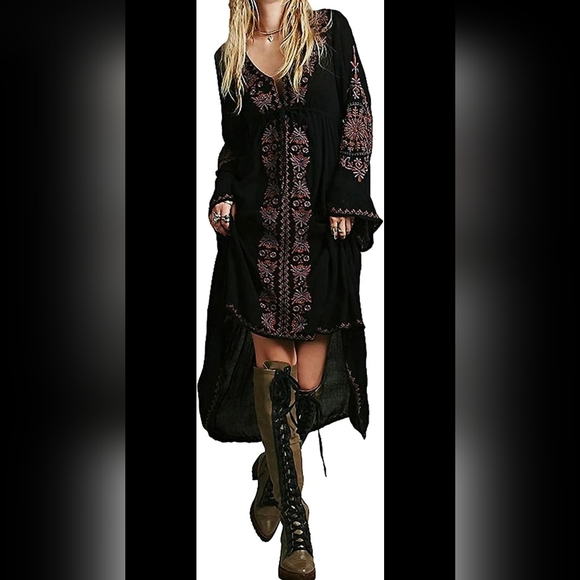 green emerald velvet dress R.Vivimos Womens V Neck Bell Sleeve Vintage Floral Embroidered High Low  Long Dresses Small Black at Amazon Women's Clothing store